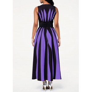 High Waist Round Neck Stripe Print Pocket Dress
