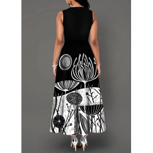Round Neck Sleeveless Printed Black Dress