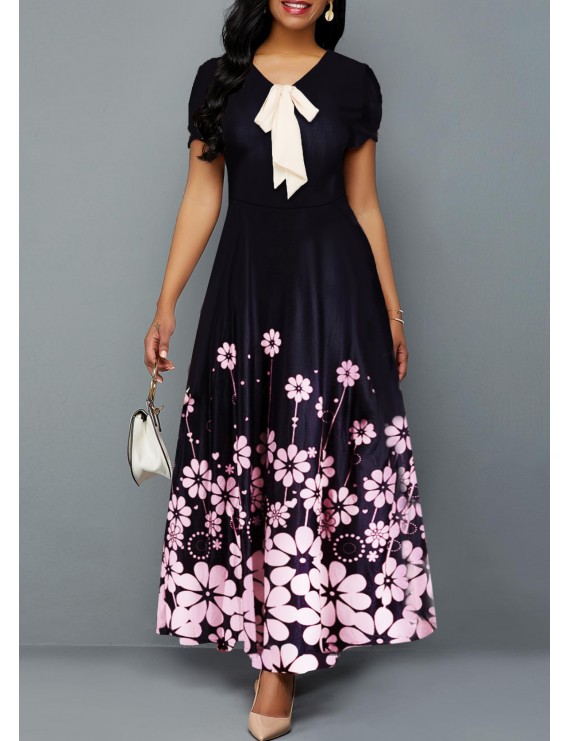 Bowknot Detail Short Sleeve Flower Print Dress