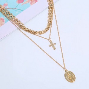 Cross and Oval Pendant Layered Necklace