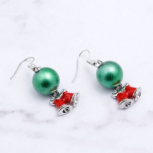 Green Ball and Christmas Bell Pendant Silver Metal Earrings