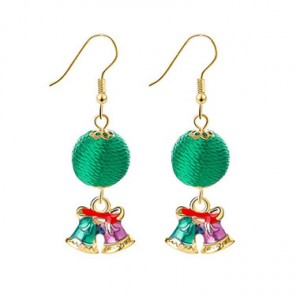 Green Ball and Christmas Bell Pendant Gold Metal Earrings