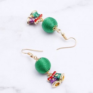 Green Ball and Christmas Bell Pendant Gold Metal Earrings