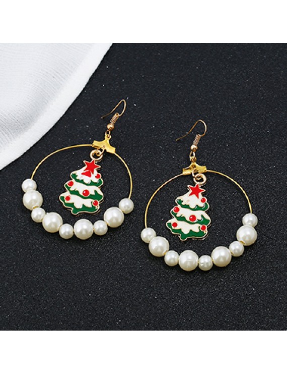 Christmas Tree and Faux Pearl Pendant Earrings