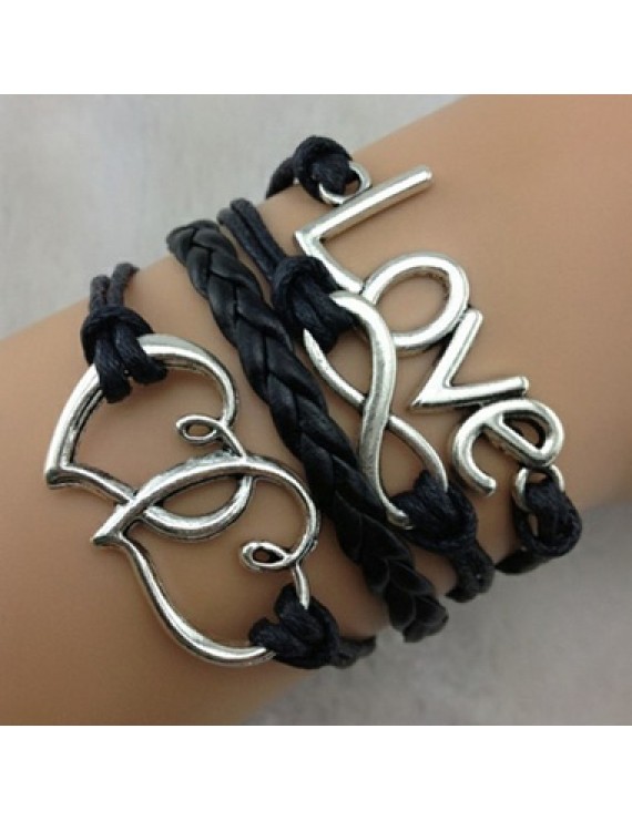 Black Love and Infinity Shape Embellished Braided Bracelet
