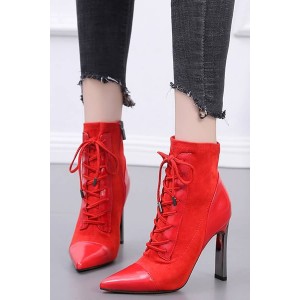 Red Lace Up Zipper Up Pointed Toe Stiletto Heel Booties