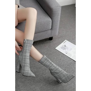 Gray Plaid Zipper Up Pointed Toe Chunky Heel Booties