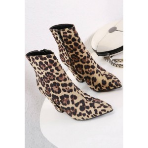 Leopard Zipper Up Pointed Toe Chunky Heel Booties