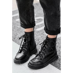 Black Lace Up Round Toe Low Heel Booties