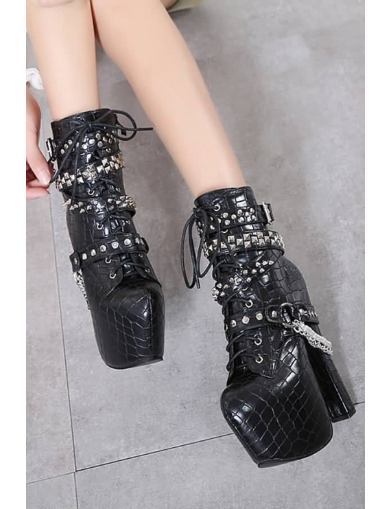 Black Lace Up Studded Chain Platform Chunky Heel Booties