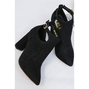 Black Suede Pointed Toe Ankle Strap Chunky High Heels