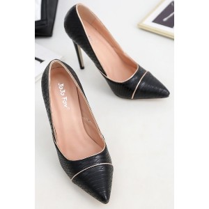Black Faux Leather Contrast Pointed Toe Stiletto High Heel Pumps