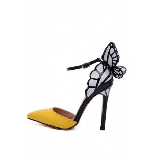 Yellow Pointed Toe Ankle Strap Butterfly Heels