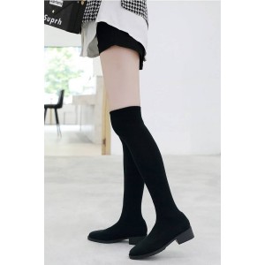 Black Square Toe Low Heel Over The Knee Boots