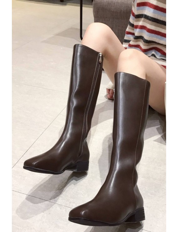 Brown Zipper Up Square Toe Low Heel Knee High Boots