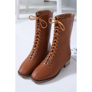 Brown Lace Up Zipper Chunky Heel Mid-calf Boots