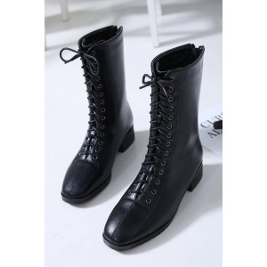 Black Lace Up Zipper Chunky Heel Mid-calf Boots