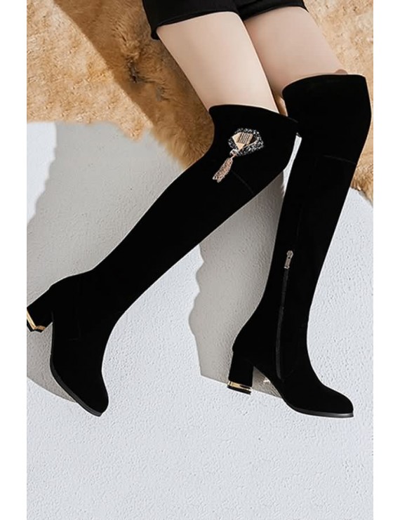Black Metal Tassel Decor Side-zip Suede Chunky Heel Midi Boots