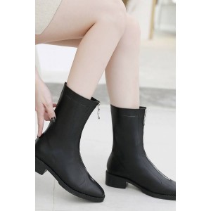 Black Zipper Up Square Toe Chunky Heel Mid-calf Boots