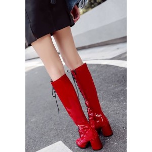 Red Lace Up Zipper Up Chunky Heel Knee High Boots