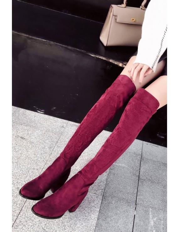 Dark-red Round Toe Chunky Heel Over The Knee Boots