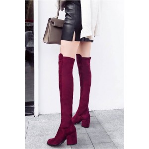 Dark-red Round Toe Chunky Heel Over The Knee Boots