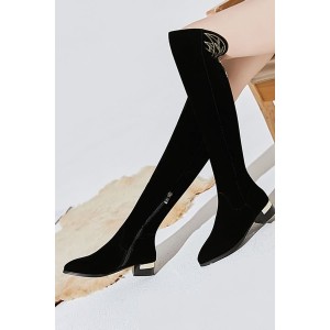 Black Embroidered Zipper Suede Chunky Heel Thigh-high Boots