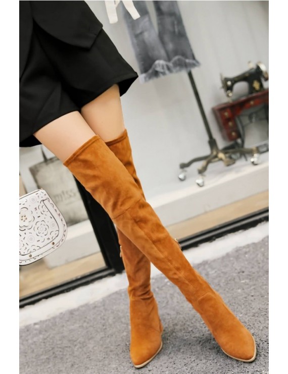 Brown Zipper Up Chunky Heel Over The Knee Boots