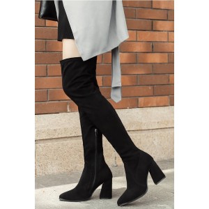 Black Zipper Up Chunky Heel Over The Knee Boots