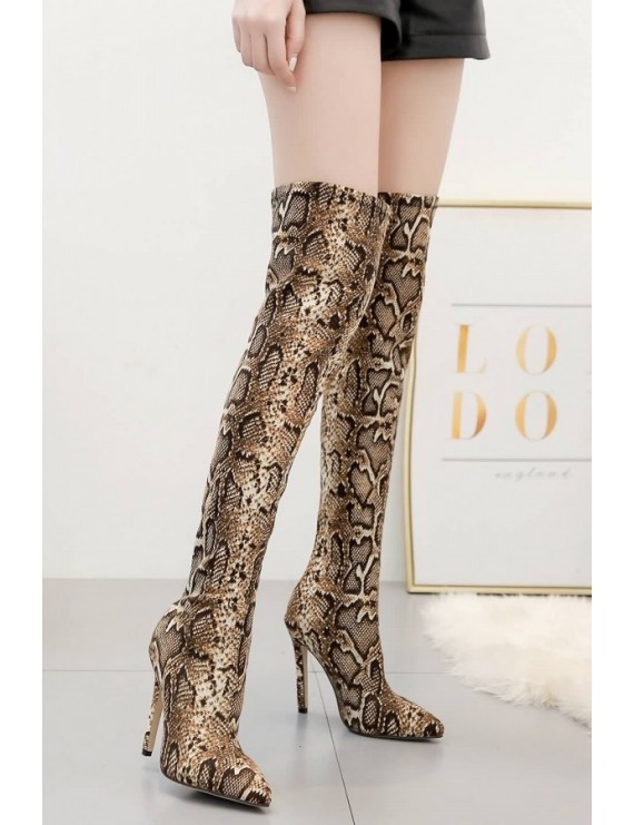 Brown Snakeskin Print Stiletto Over The Knee Boots