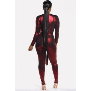 Dark-red Cutout Tied V Neck Long Sleeve Sexy Jumpsuit