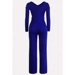 Blue Wrap Tied V Neck Long Sleeve Casual Jumpsuit