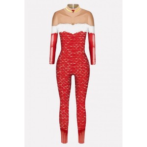 Red Fish Scale Print Mock Neck Long Sleeve Christmas Jumpsuit