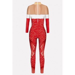 Red Fish Scale Print Mock Neck Long Sleeve Christmas Jumpsuit