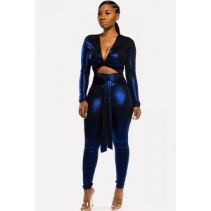 Dark-blue Cutout Tied V Neck Long Sleeve Sexy Jumpsuit
