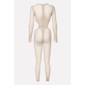 White Cutout Mesh Round Neck Long Sleeve Sexy Jumpsuit