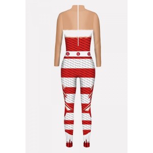 Red Stripe Fish Scale Print Mock Neck Long Sleeve Christmas Jumpsuit
