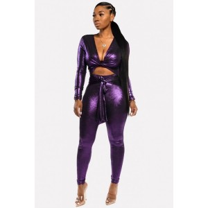 Purple Cutout Tied V Neck Long Sleeve Sexy Jumpsuit