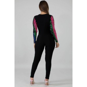 Multi Sequins Plunging Long Sleeve Sexy Jumpsuit