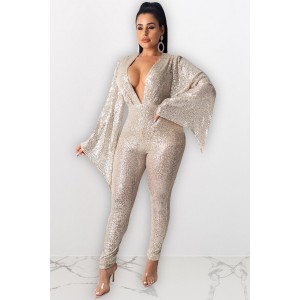 Gold Sequins Plunging Slit Sleeve Sexy Jumpsuit