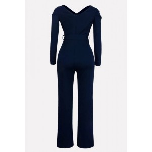 Dark-blue Wrap Tied V Neck Long Sleeve Casual Jumpsuit