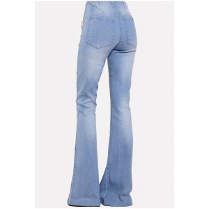 Light-blue Stripe Lace Up Pocket Casual Flared Jeans