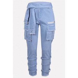 Light-blue Chain Pocket Splicing High Waist Casual Jeans