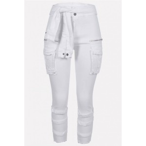 White Chain Pocket Splicing High Waist Casual Jeans