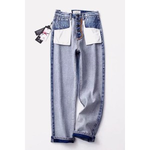 Blue Button Up Pocket High Waist Casual Jeans