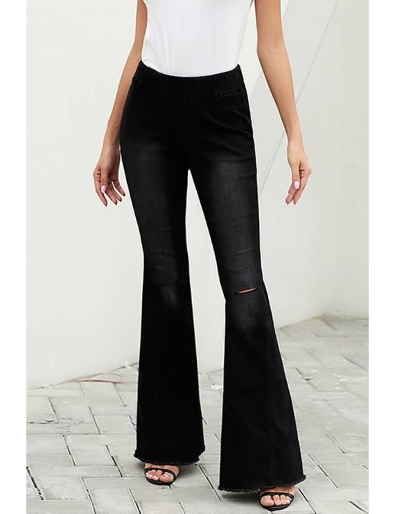 Black Ripped Elastic Waist Pocket Casual Flared Jeans