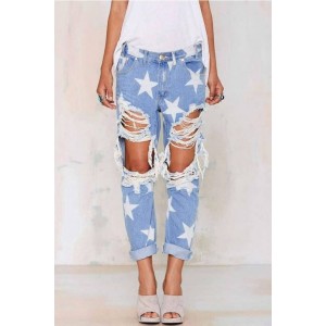 Light-blue Star Print Ripped Distressed Pocket Casual Jeans