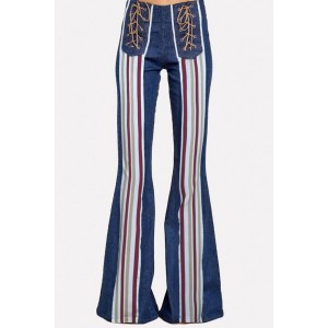 Dark-blue Stripe Lace Up Pocket Casual Flared Jeans