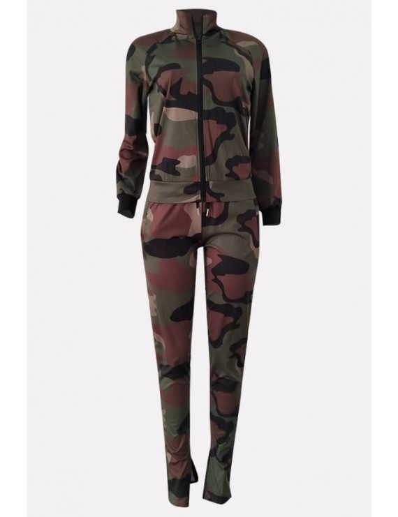 Army-green Camouflage Zipper Up Pocket Casual Coat Pants Set