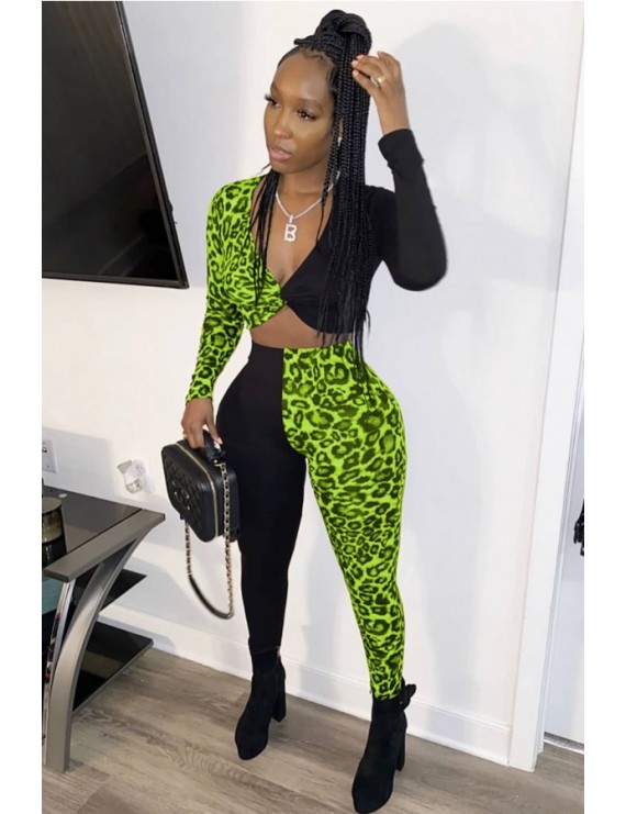 Light-green Leopard V Neck Long Sleeve Sexy Crop Top Pants Set